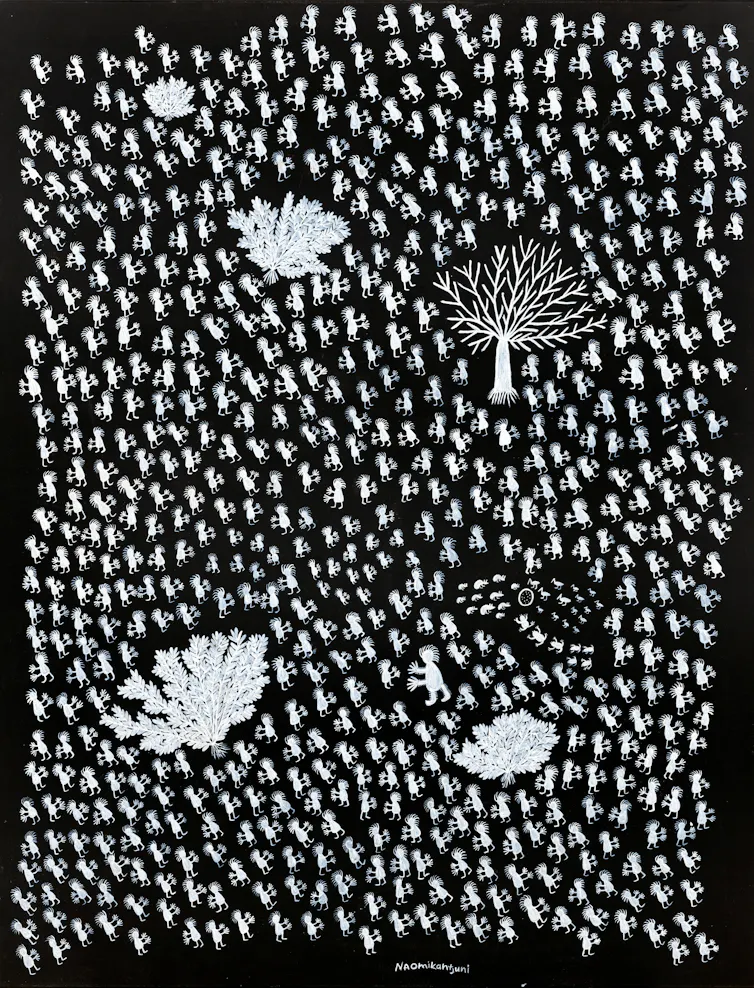 A black and white painting, dozens of small figures congregate around bushes.