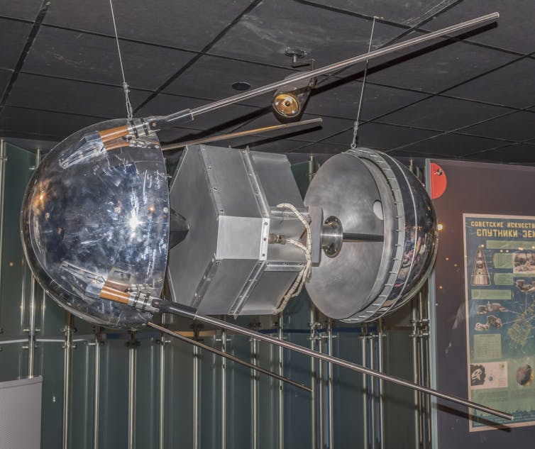 The Sputnik satellite on show in a museum.
