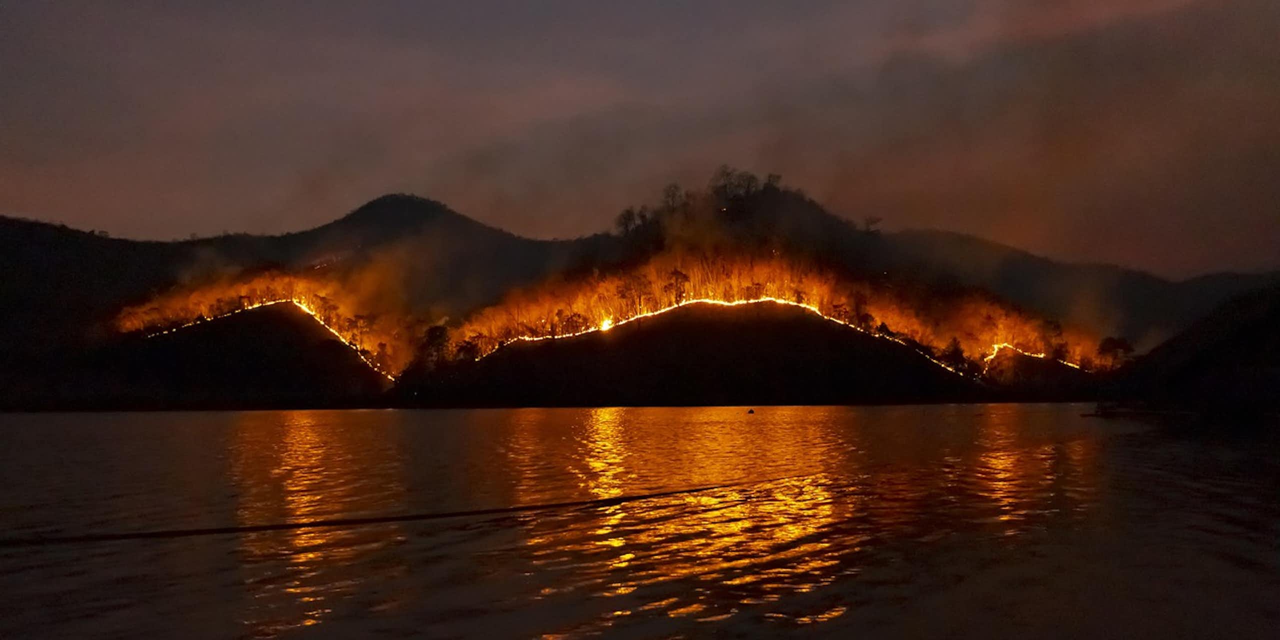 feux de forêt aux abords d'un lac