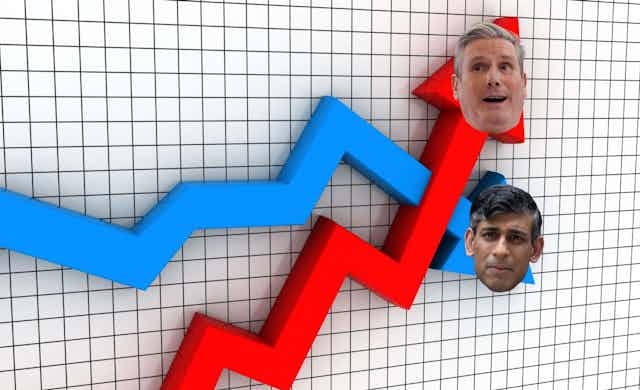 A chart with a red line going up, with Keir Starmer's face on it and a blue line going down, with Rishi Sunak's face on it