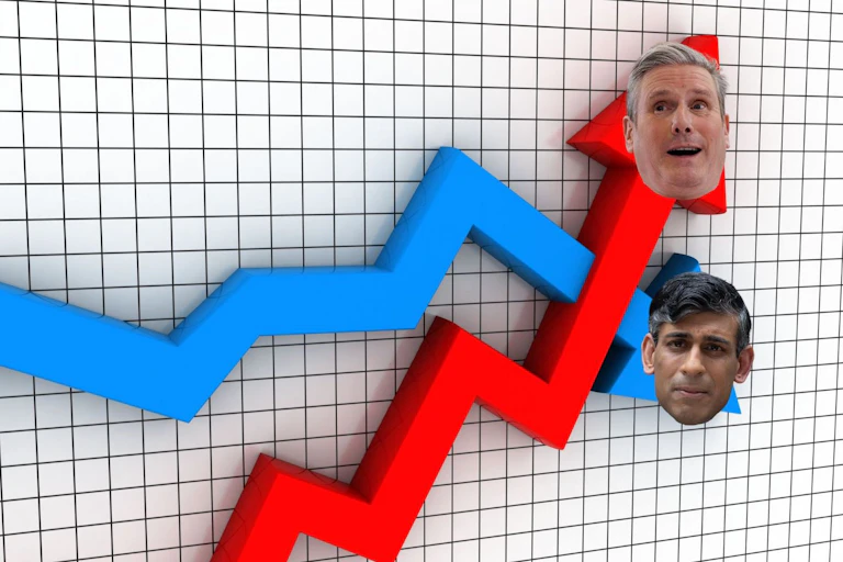 A chart with a red line going up, with Keir Starmer's face on it and a blue line going down, with Rishi Sunak's face on it