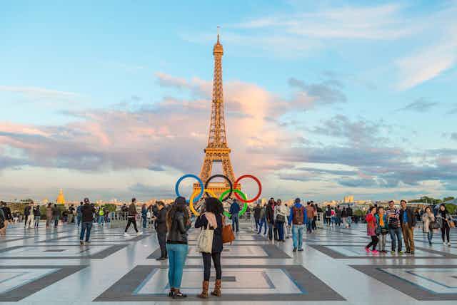 Eiffel Tower with Olympic rings in the foreground