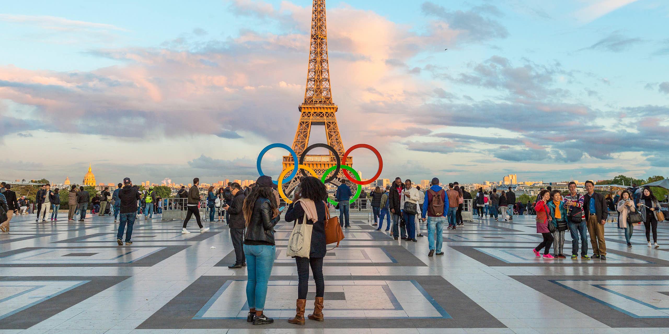 Eiffel Tower with Olympic rings in the foreground