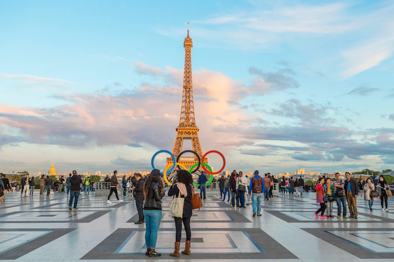 Eiffel Tower with Olympic rings in the foreground