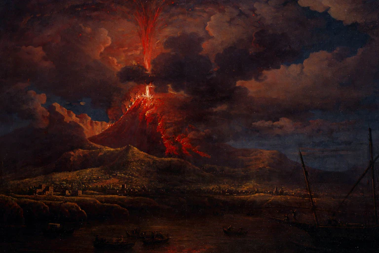 Pintura a óleo de um vulcão em erupção à noite.
