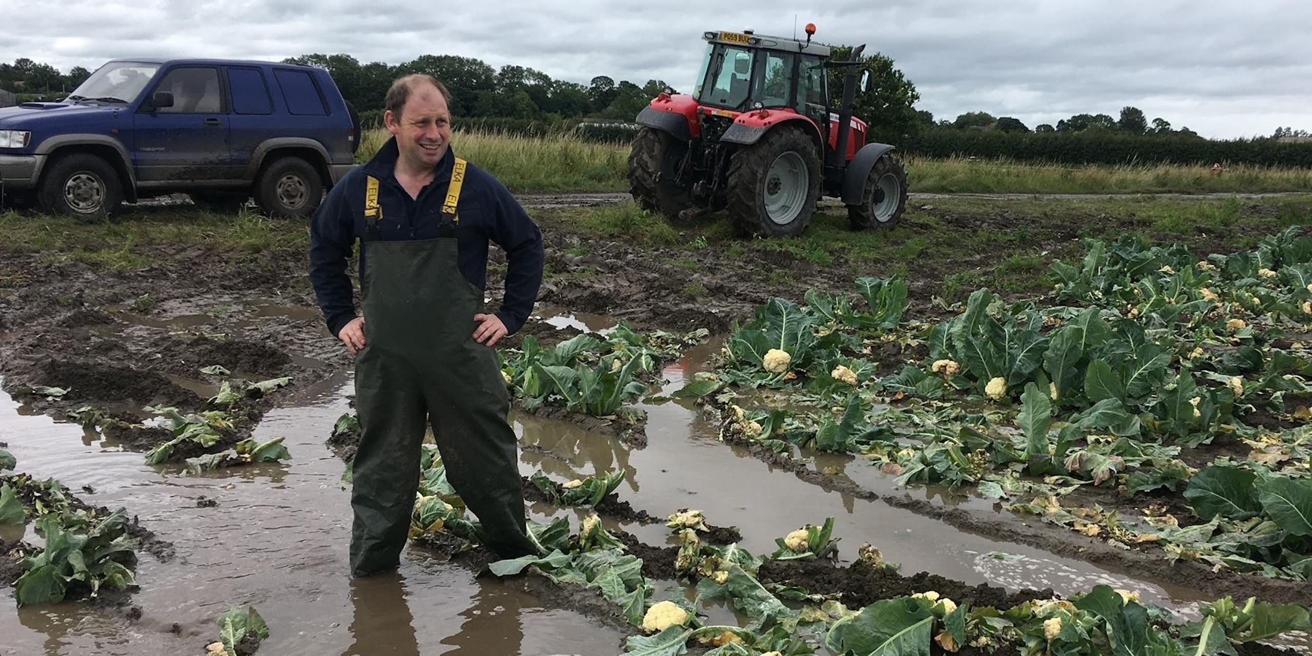 A farmer stands in muddy water that has inundated a farm field.