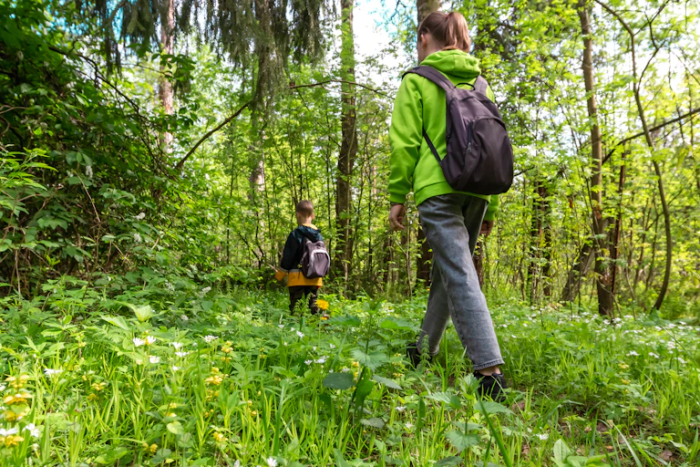 Une femme marchant dans les bois avec un enfant.