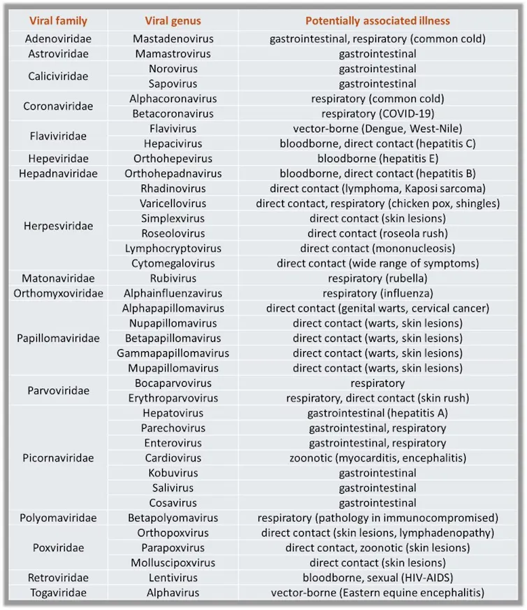 table listed viral family, viral genus, and potentially associated illness