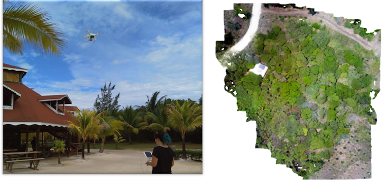 Two photos side by side showing a drone being flown and the image from that drone.