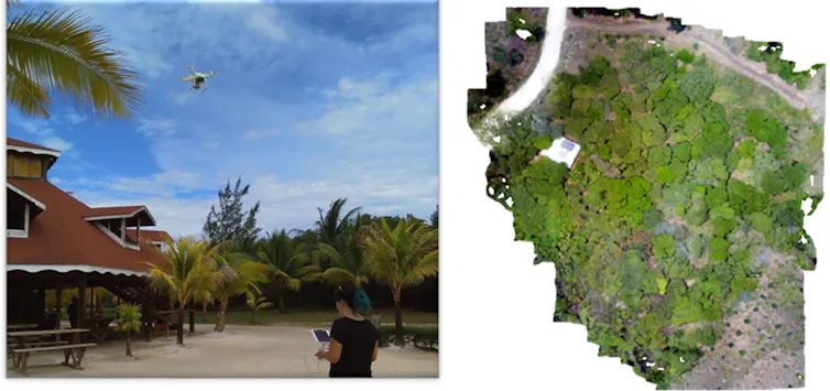 Two photos side by side showing a drone being flown and the image from that drone.