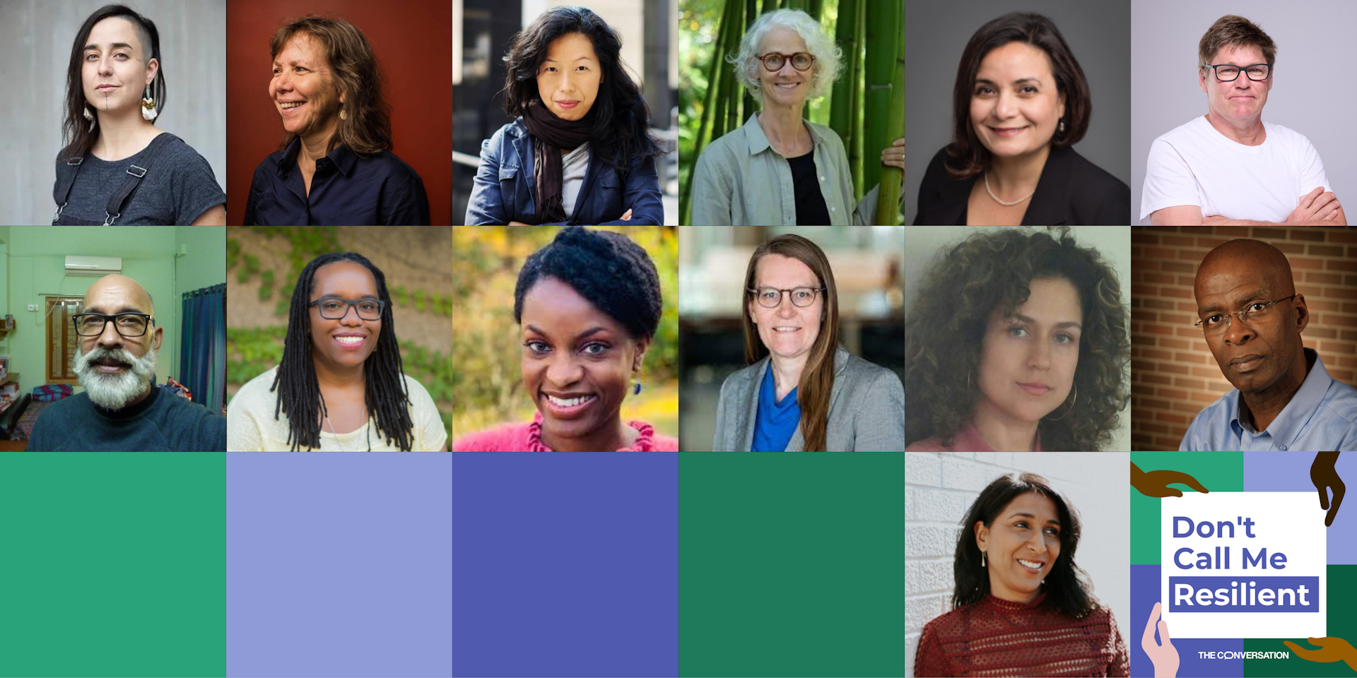 a group photo of past contributors for the Don't Call Me Resilient podcast 