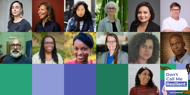 a group photo of past contributors for the Don't Call Me Resilient podcast