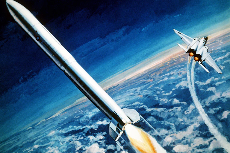 A drawing of an anti-satellite missile having been launched from a fighter jet.