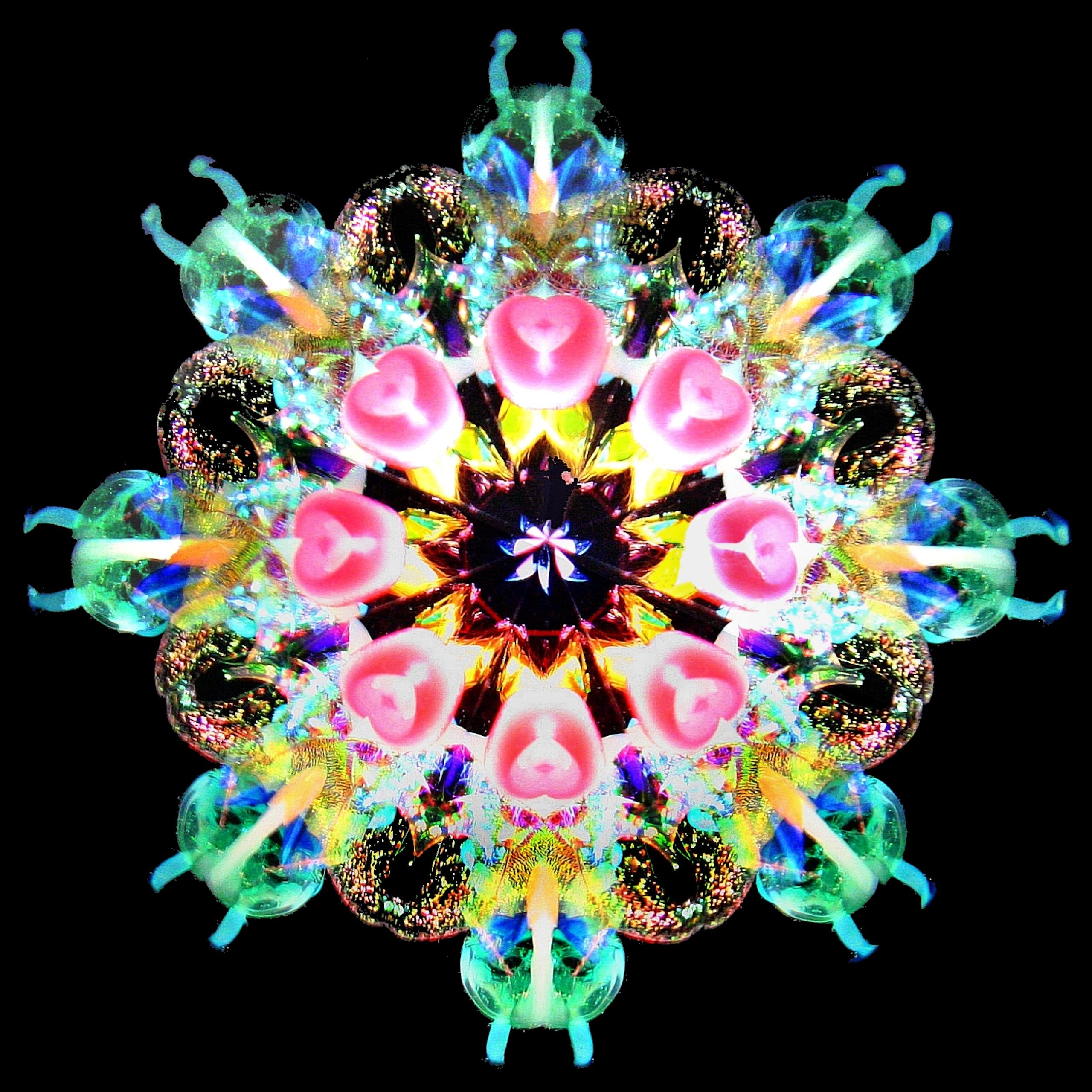 view into a kaleidoscope showing a flower-petal-like arrangement of eight segments, each showing multicolored shapes