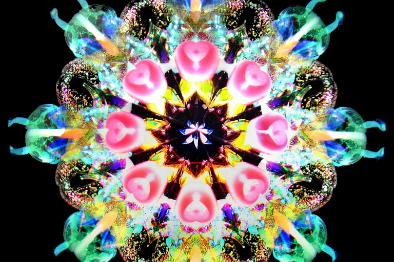 view into a kaleidoscope showing a flower-petal-like arrangement of eight segments, each showing multicolored shapes