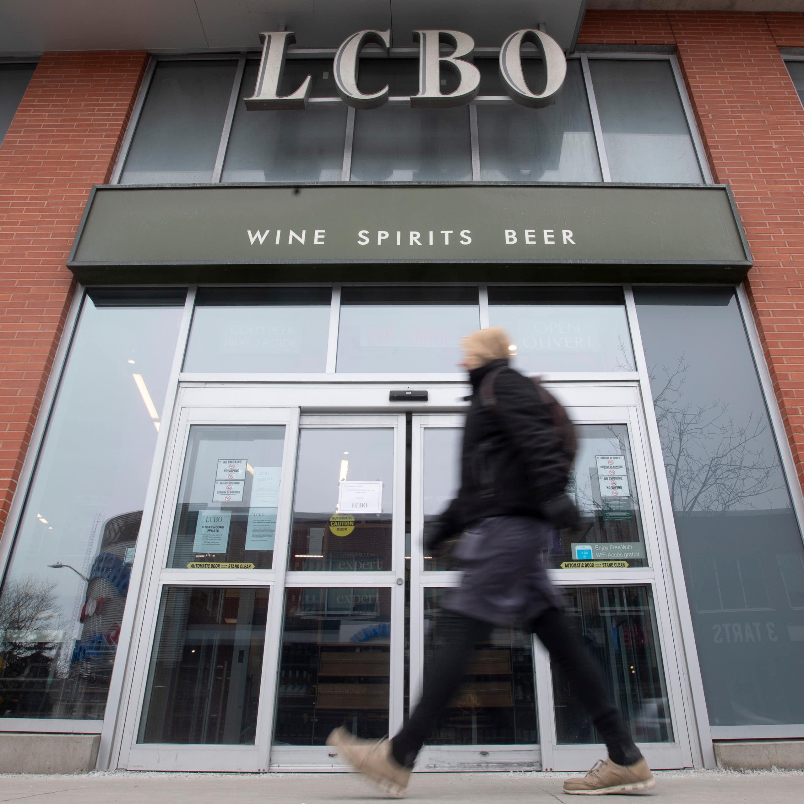 A man walking in front of an LCBO store