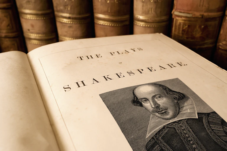 The title page from an antique book of the plays of Shakespeare