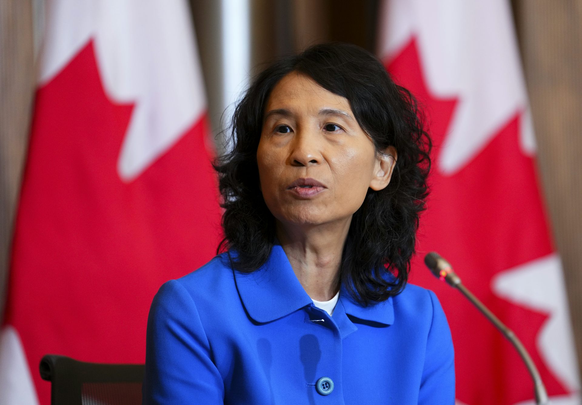 A woman in a blue jacket with a microphone in front of her and Canadian flags behind her.