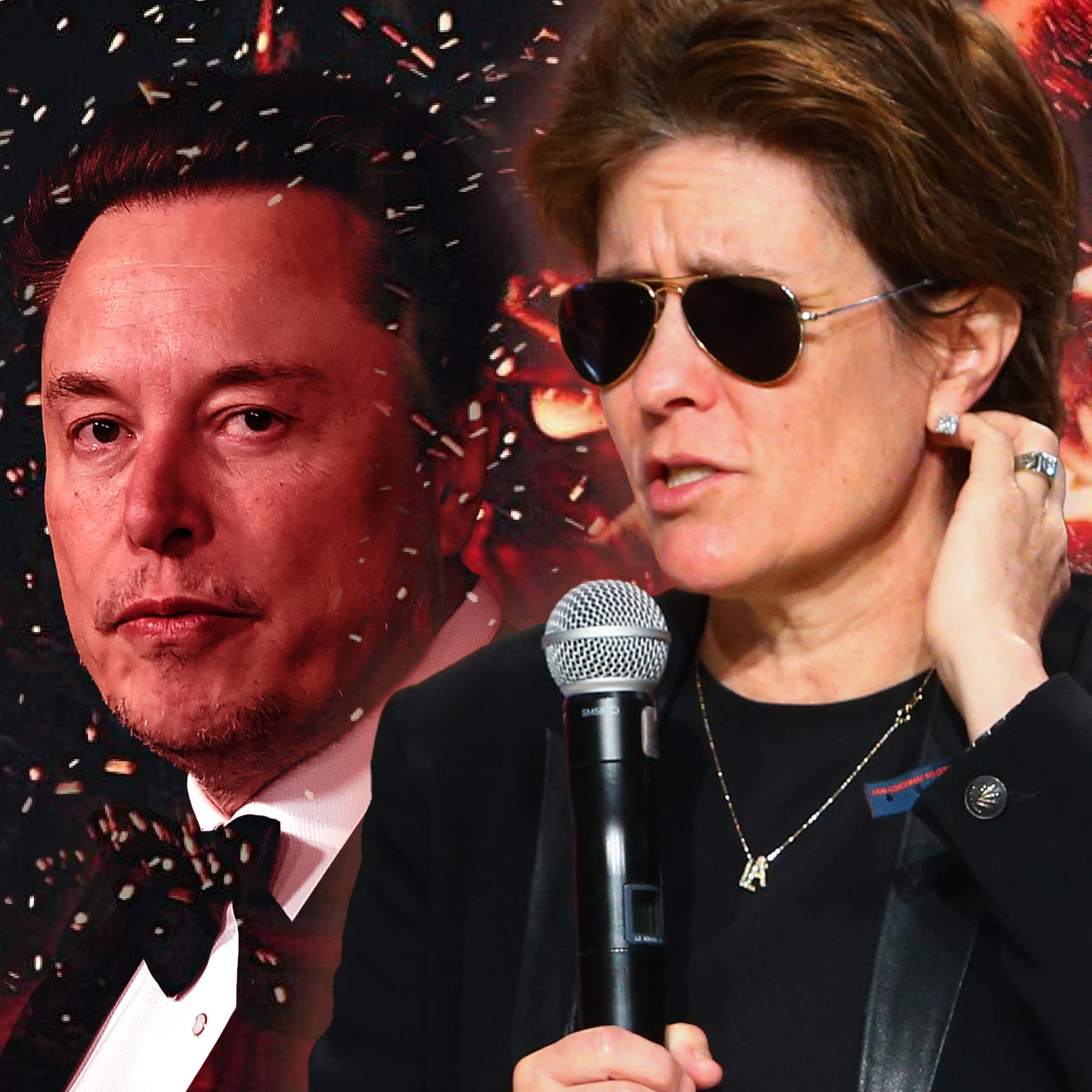 Kara Swisher with Elon Musk and Mark Zuckerberg in the background and sparks and flame overlayed on top