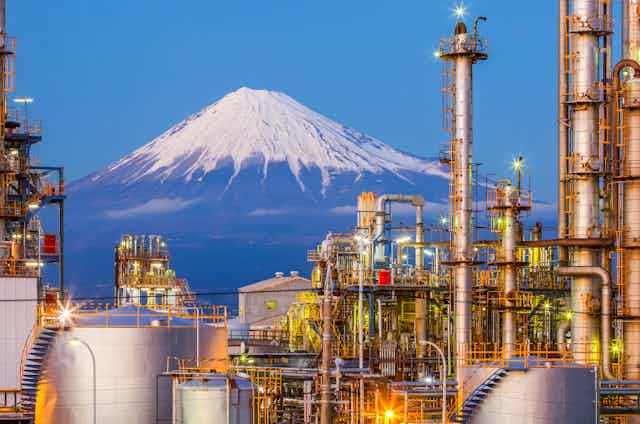 mount fuji background, gas infrastructure foreground