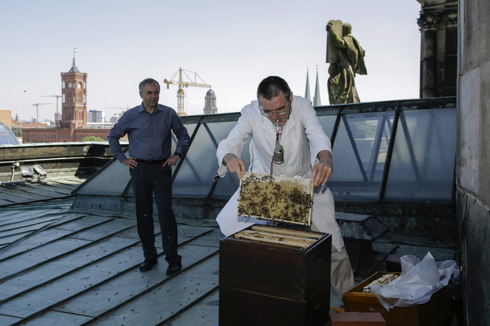 Two men stand on a roof next to a beehive.