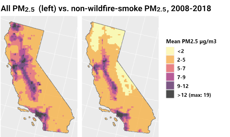 Maps show a large difference in PM2.5 when wildfire smoke is included, particularly in Northern California and the Central Valley.