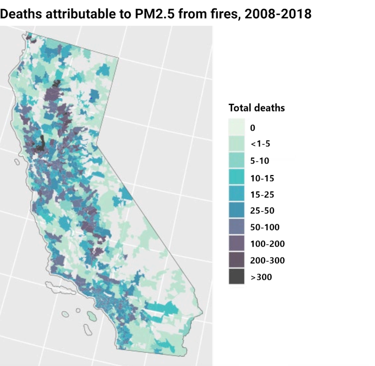 Map showing the largest numbers of deaths from fire smoke in Northern California and the Central Valley