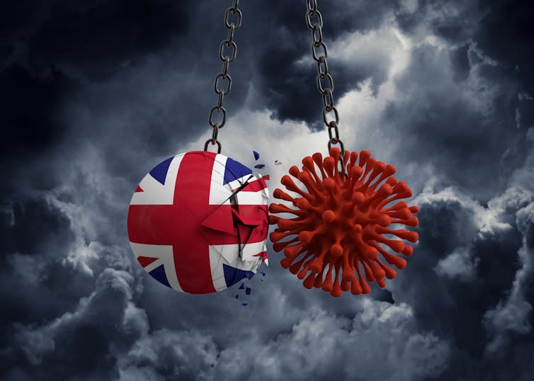 Illustration of Covid molecule and British flag wrecking balls with stormy backdrop.