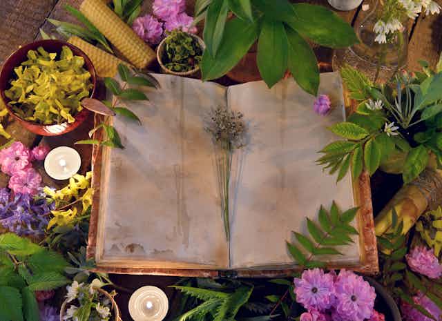 Still life with open book on table with healing herbs and candles. 
