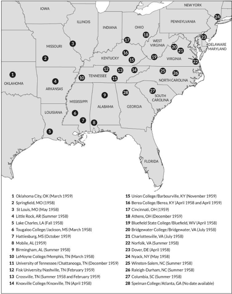 A black and white map of the United States showing the Southern states.