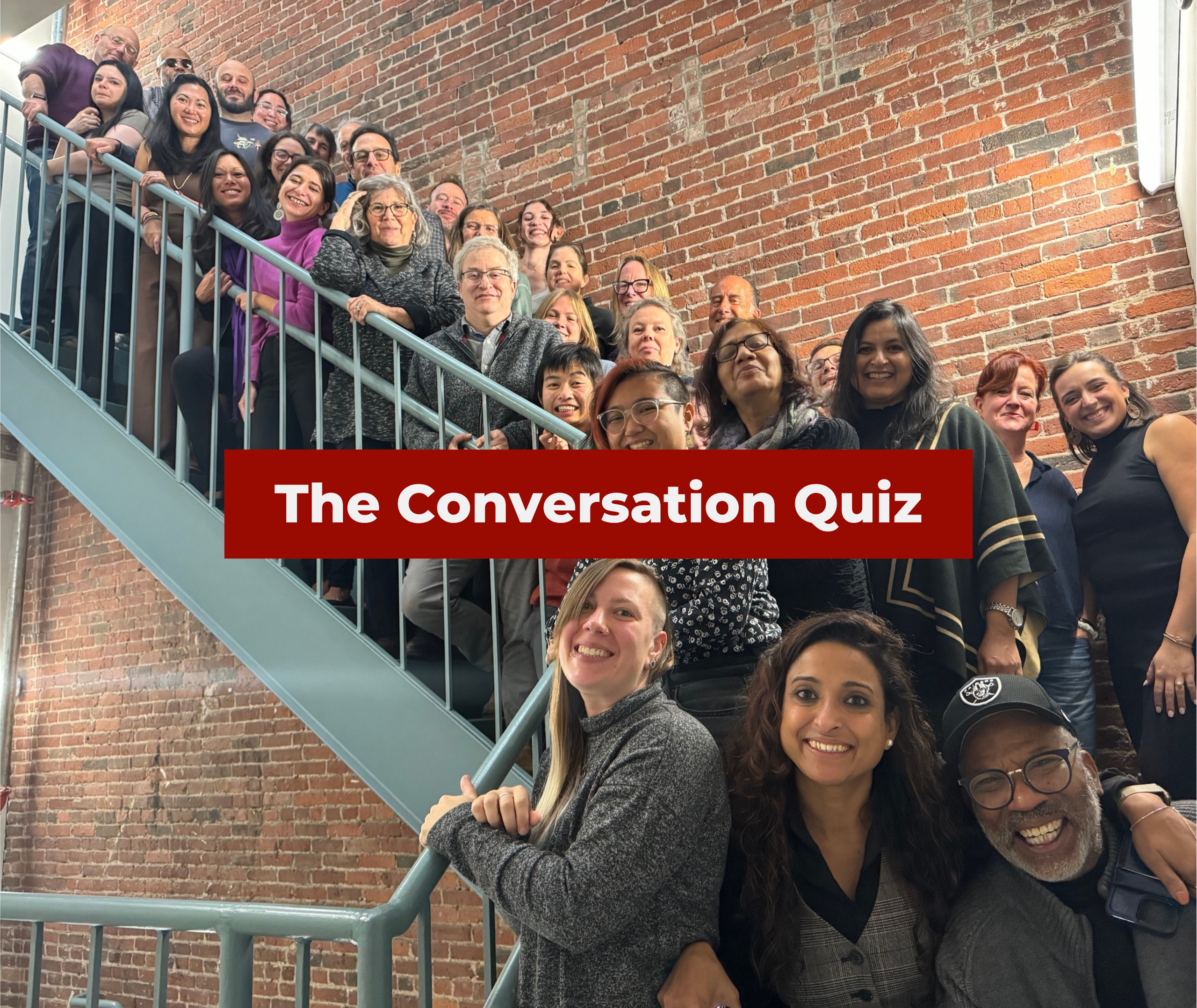 Graphic saying "The Conversation Quiz" over a photo of The Conversation's staff gathered in a stairwell