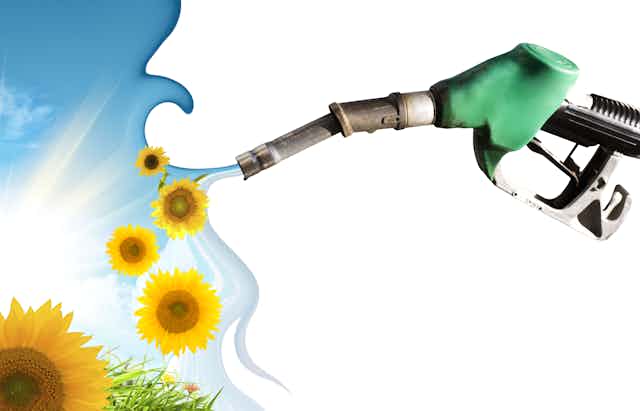 A petrol pump spewing sunshine and flowers.