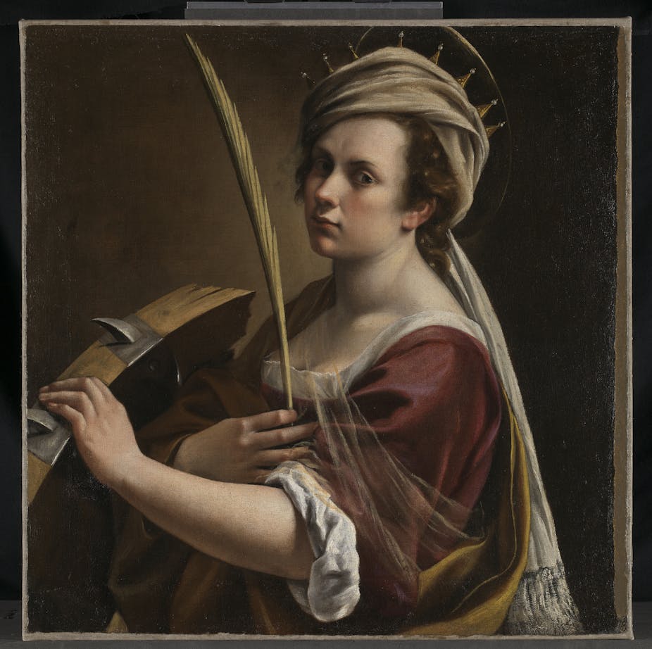 A 17th-century of a woman dressed in a brown dress with a scarf over a crown and a feather in her hand.