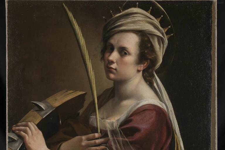 A 17th-century of a woman dressed in a brown dress with a scarf over a crown and a feather in her hand.