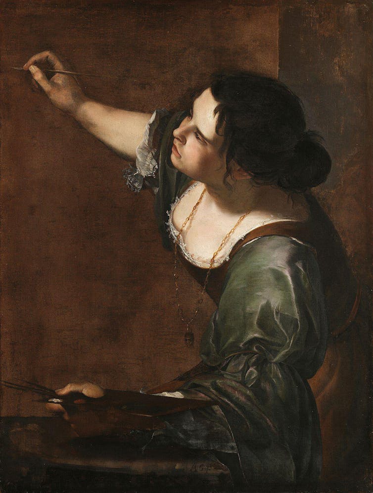 A 17th-century painting of a female artist at work wearing a dark green dress and holding a mixing palette.