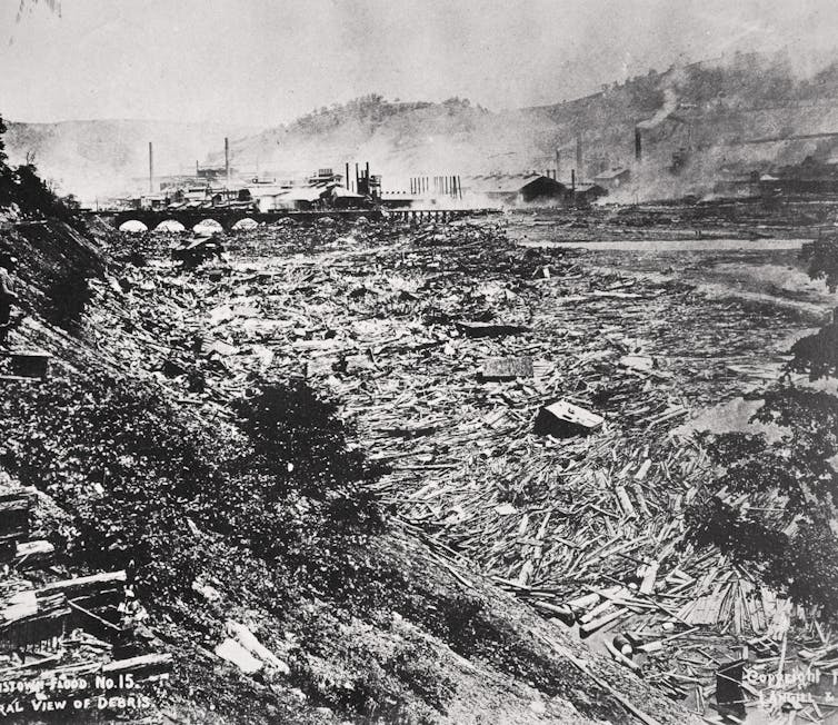The wreckage of a town after a flood destroyed it.