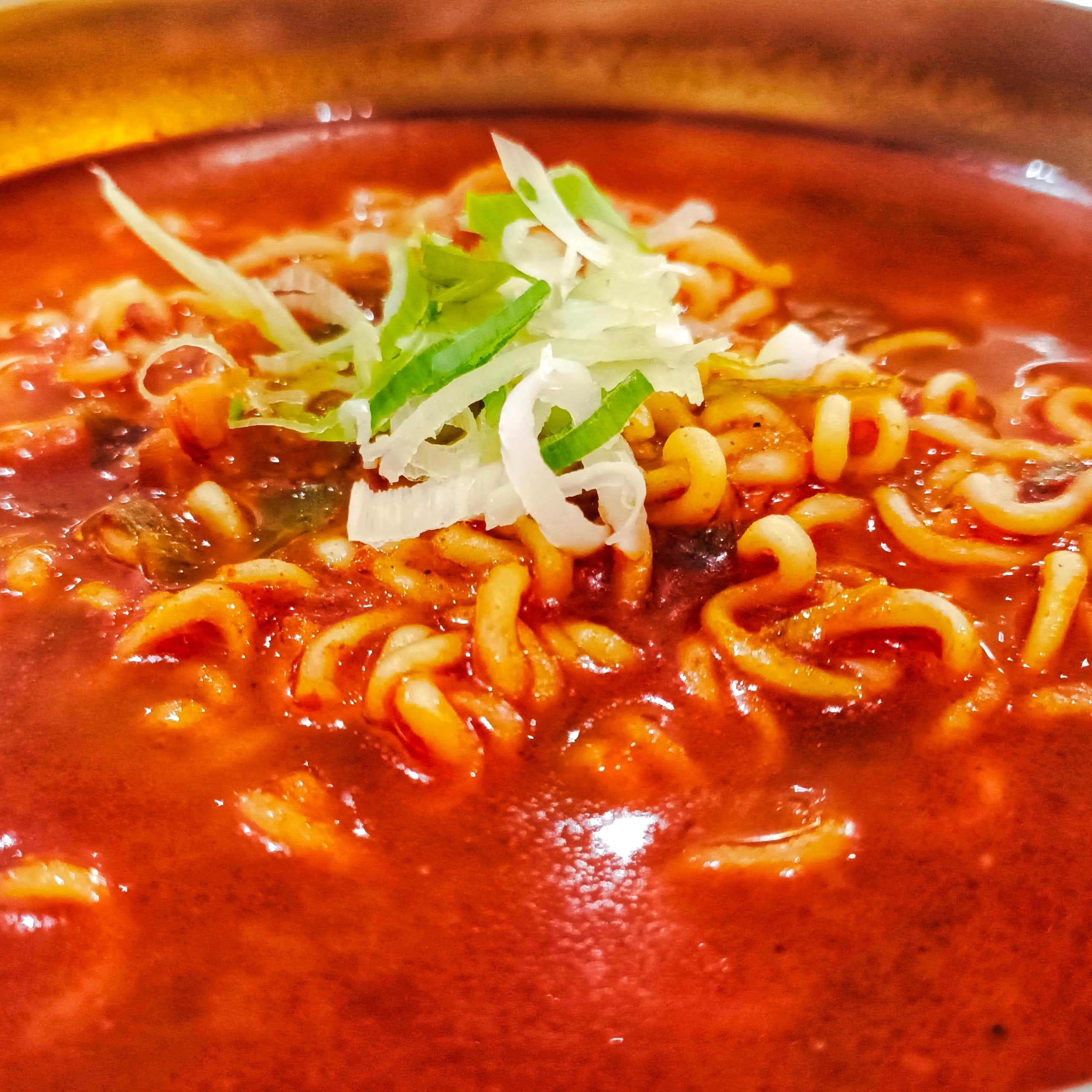 Close-up of a red coloured spicy ramen noodle from Korea.