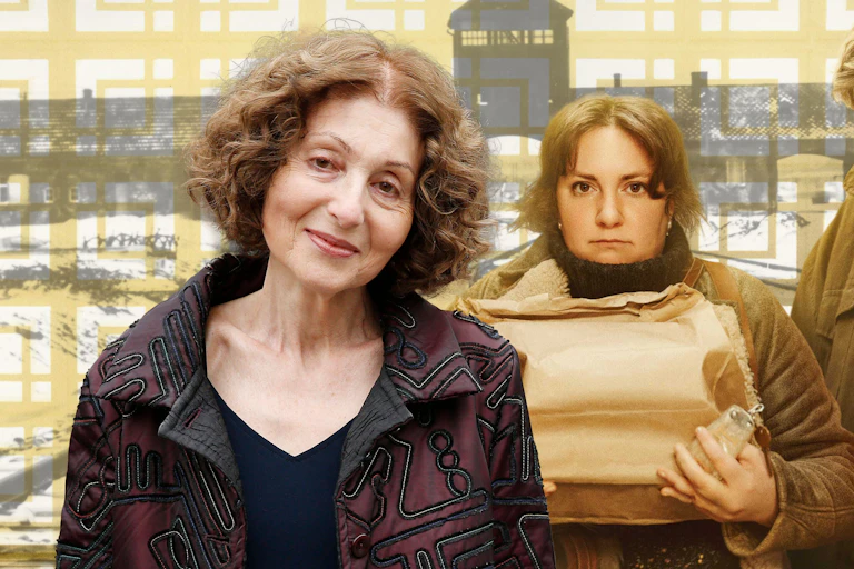German-born Australian author Lily Brett with Lena Dunham and Stephen Fry and the train house of Auschwitz in the background