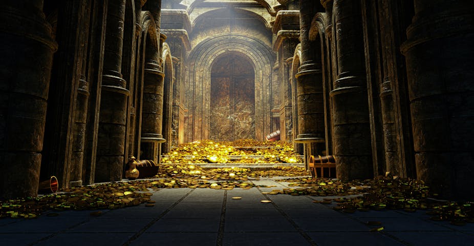 Une salle des trésors avec beaucoup de pièces en or ou dorées