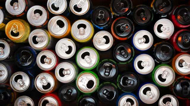 Empty energy drinks cans shot from above