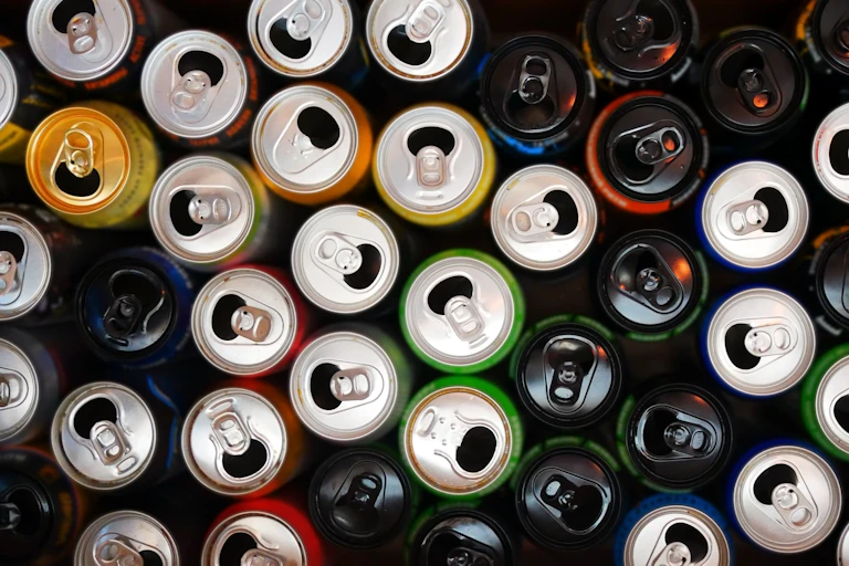 Empty energy drinks cans shot from above