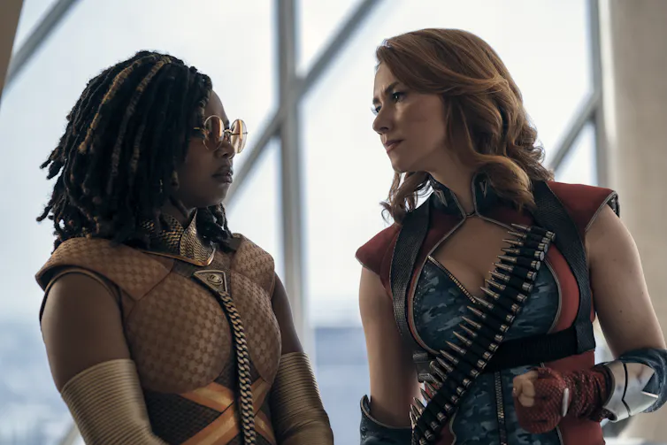 Two superheroes talking