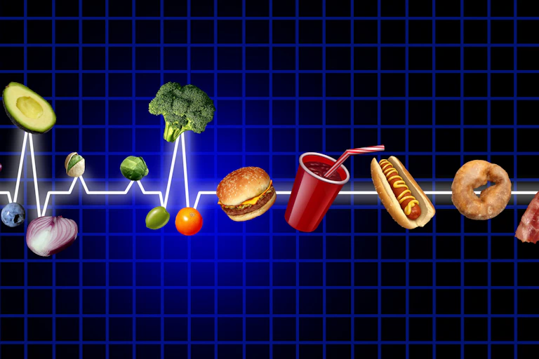 A graphic comparing whole foods with ultra-processed foods, with whole foods likened to a healthy heartbeat and ultra-processed foods likened to no pulse.