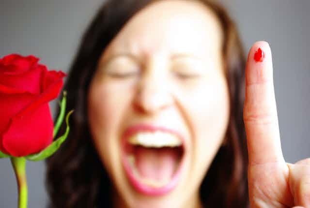 Woman pricked her finger on a rose thorn