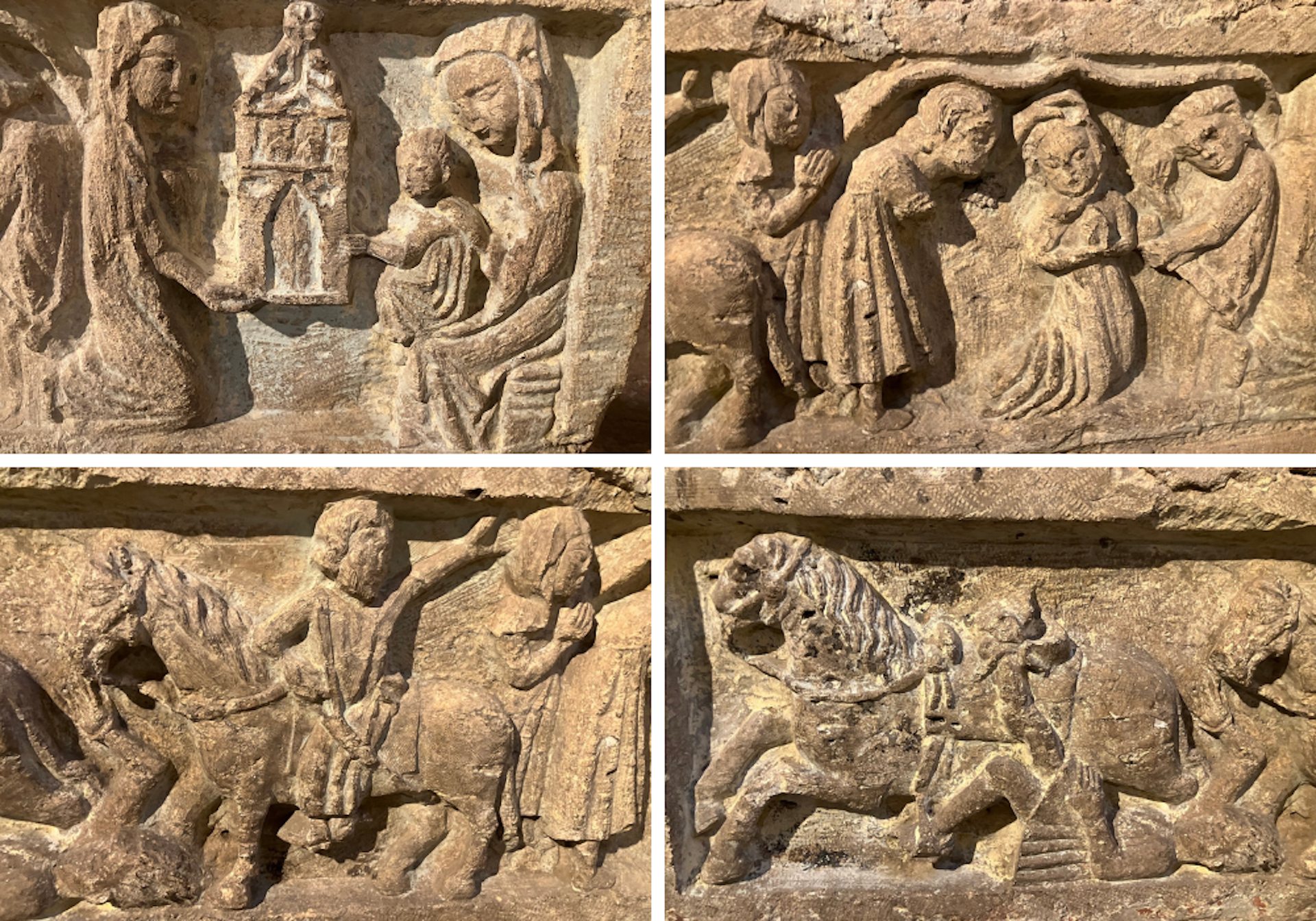 Detalles del sepulcro que retratan, de izquierda a derecha, de arriba a abajo, la donación, el asesinato, la huída de Nuño Pérez a caballo y la muerte de Nuño Pérez.