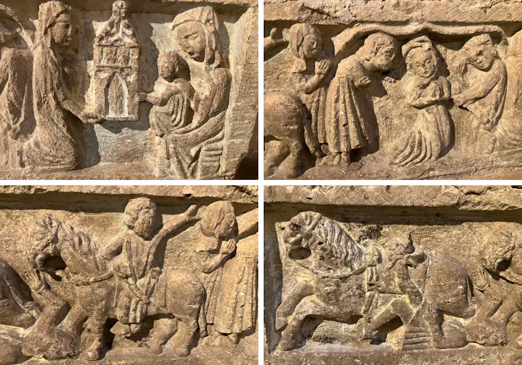 Detalles del sepulcro que retratan, de izquierda a derecha, de arriba a abajo, la donación, el asesinato, la huída de Nuño Pérez a caballo y la muerte de Nuño Pérez.