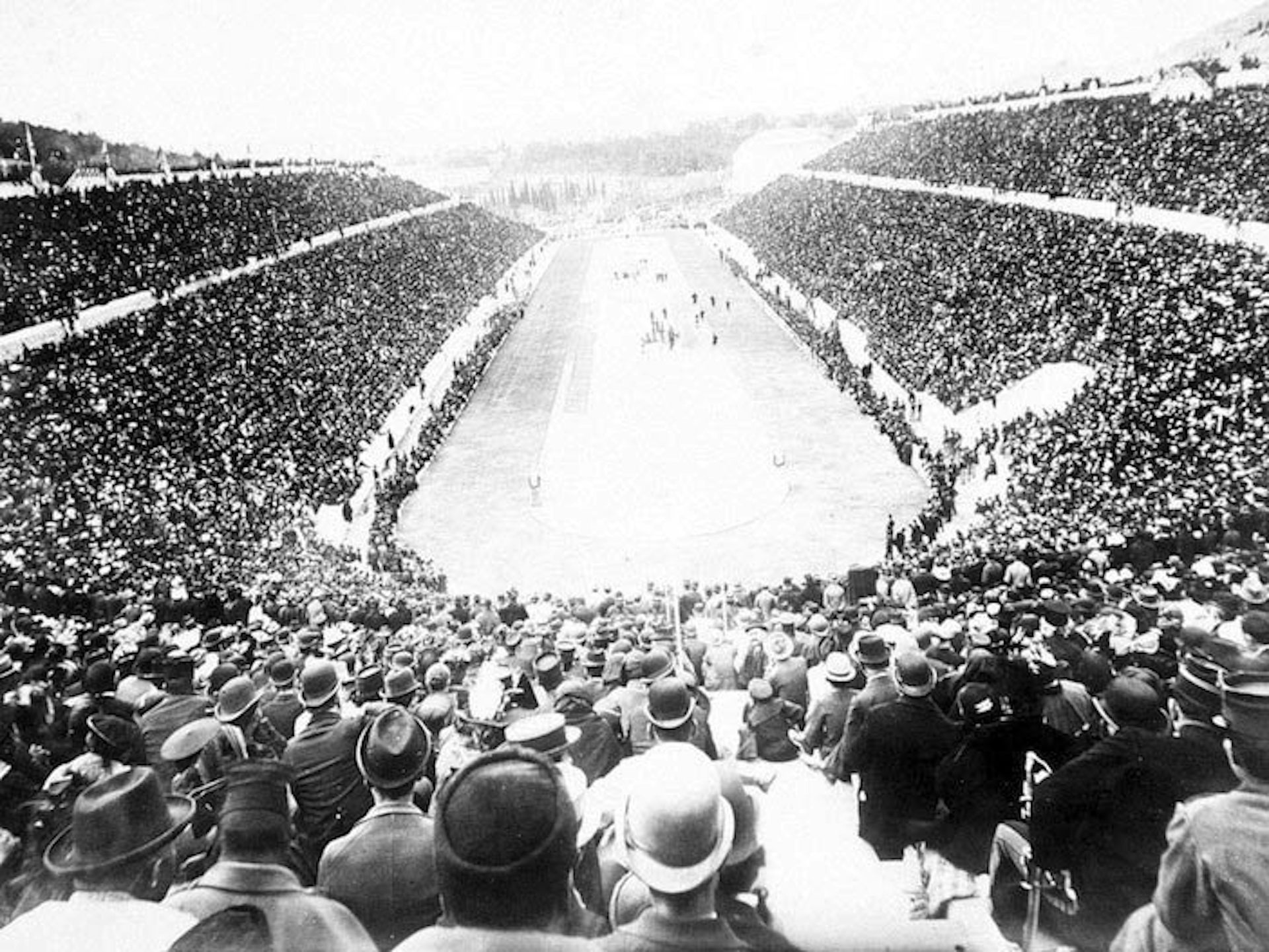The end of the marathon race in the Panathenaic Stadium, where Spyridon Louis finished as winner