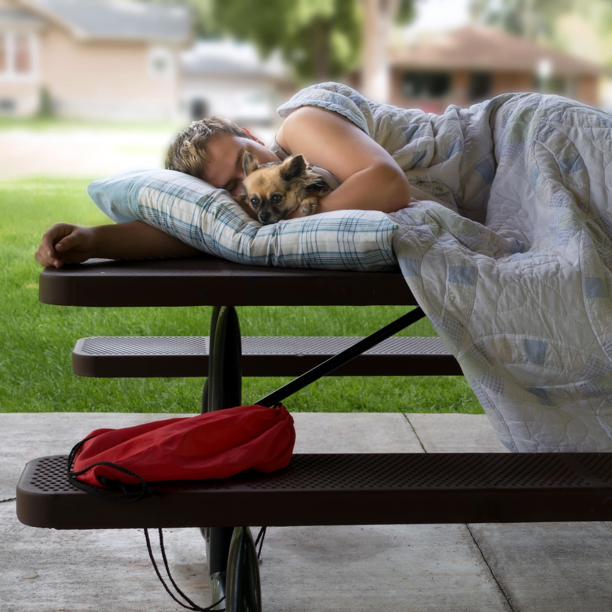 A person sleeps on a park bench with a small dog tucked under their arms