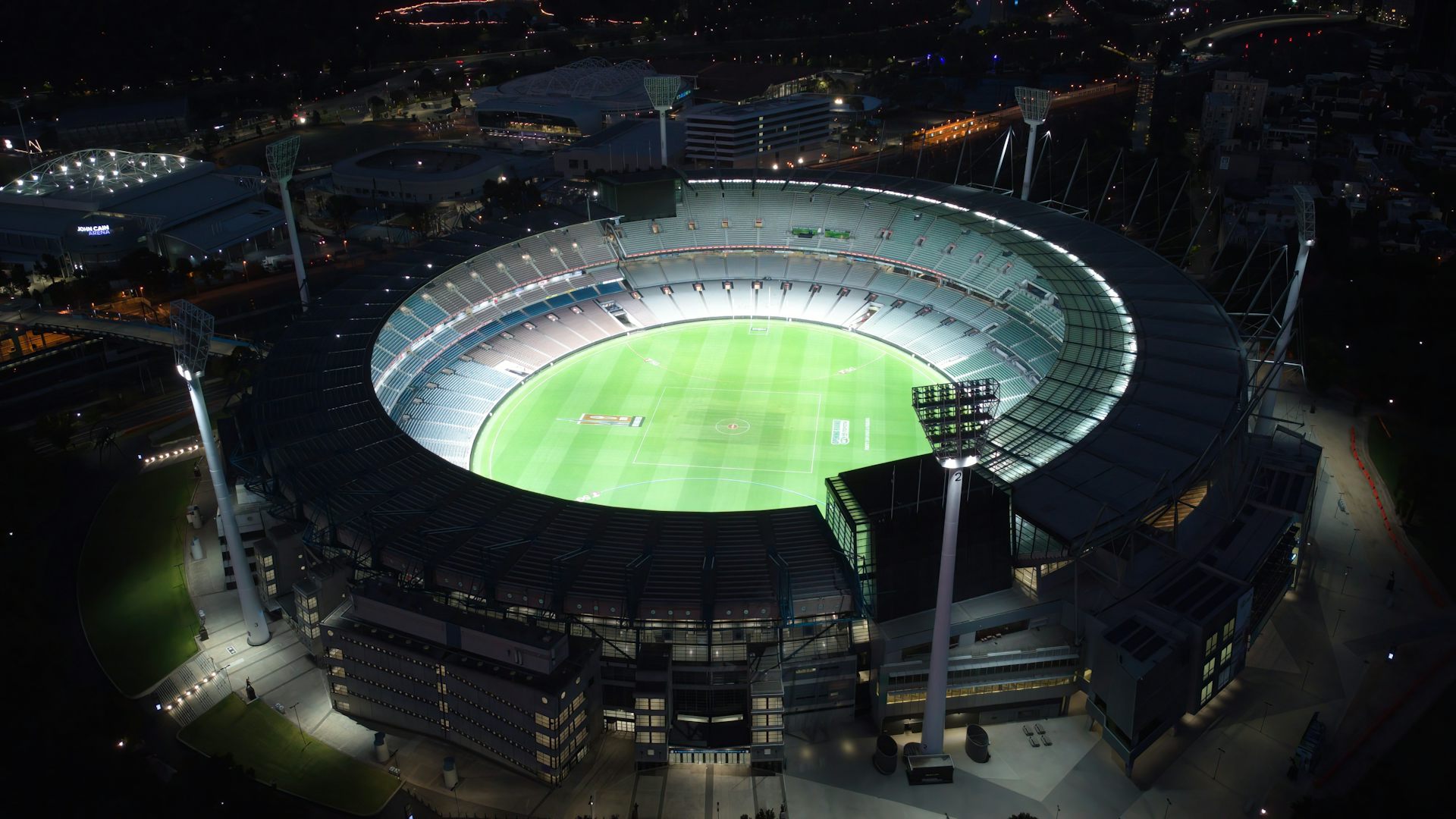 Melbourne Cricket Ground lighted up at night, 2021 – Melbourne, Australia.