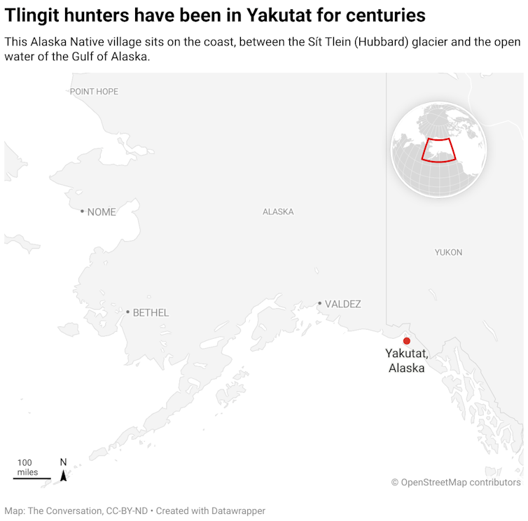 A map of Alaska that highlights the location of Yakutat. This Alaska Native village sits on the coast, between the Sít Tlein (Hubbard) glacier and the open water of the Gulf of Alaska.